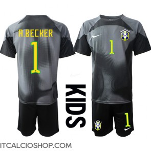 Brasile Alisson Becker #1 Portiere Prima Maglia Bambino Mondiali 2022 Manica Corta (+ Pantaloni corti)
